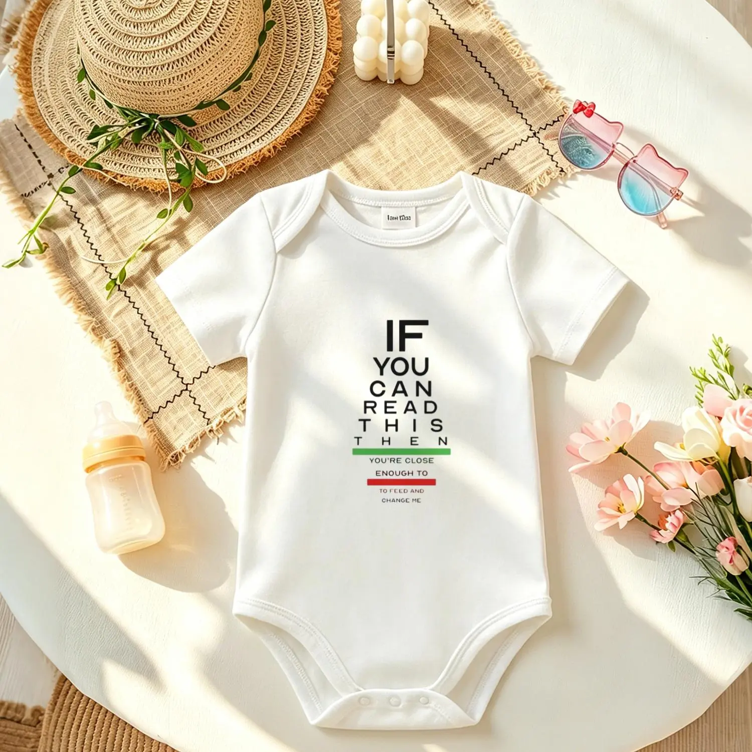 "Funny Eye Chart" Unisex Pure Cotton Baby Newborn Bodysuit, Short Sleeve Snap Buttons, Summer Baby Casual Clothes & Short trip outfit, Boys & Girls, Fun Slogan