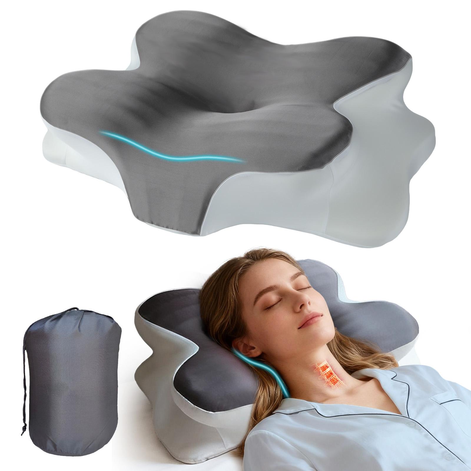 Gray butterfly-shaped neck pillow, ergonomic memory foam pillow, breathable and washable silk pillowcase, suitable for side, back and stomach sleepers, with a storage bag for easy portability, perfect for camping, travel, RV and dorm rooms