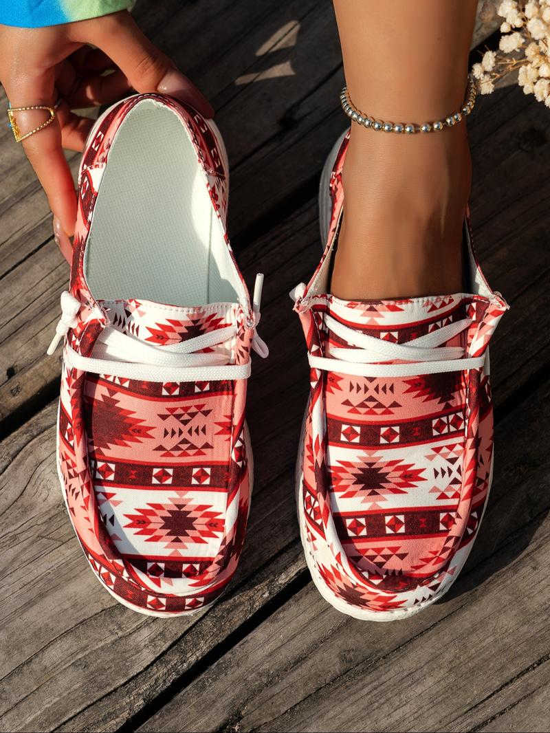 Women's Fashion Ethnic Pattern Lace up Low Top Sneakers, 1 Pair Casual Comfortable Lightweight Flat Shoes, All-match Soft Sneakers for Daily Wear, Lightweight Footwear