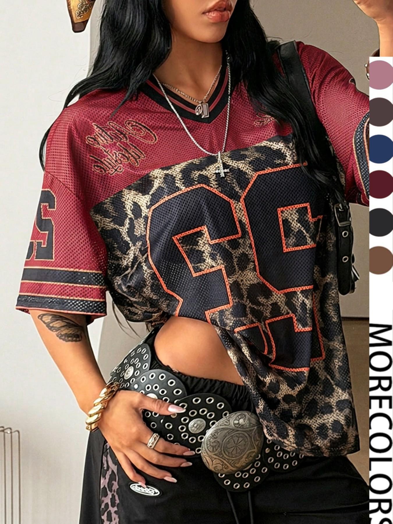 Y2K Retro Style Peregrinate 23 Leopard Print Jersey Top, Loose Fitted V-Neck Sport Tee, Hip-Hop Athletic Fashion Streetwear for All Seasons