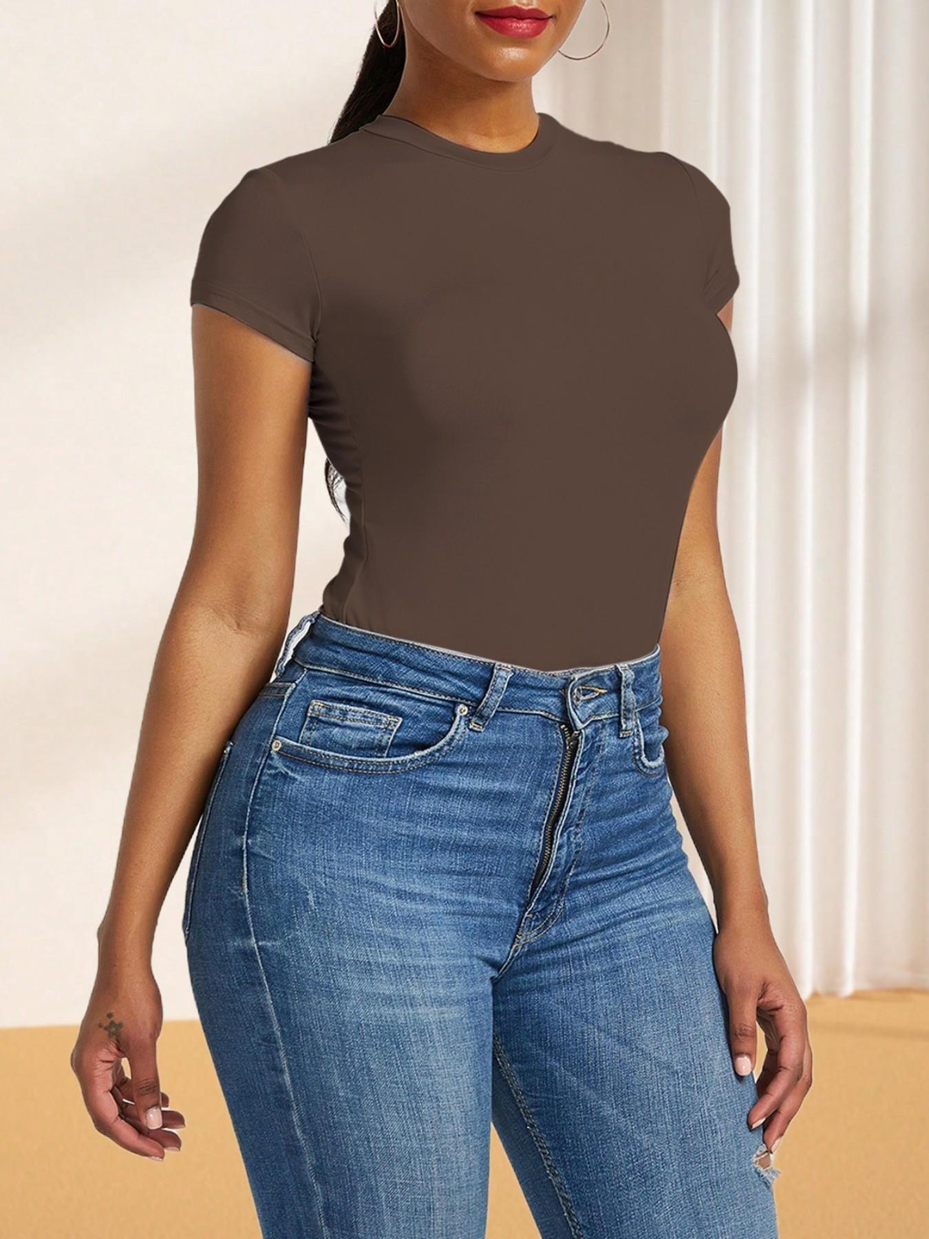 Body Suits for Womens Short Sleeve Round Neck Casual Stretchy Basic T Shirt Bodysuit Tops Underwear