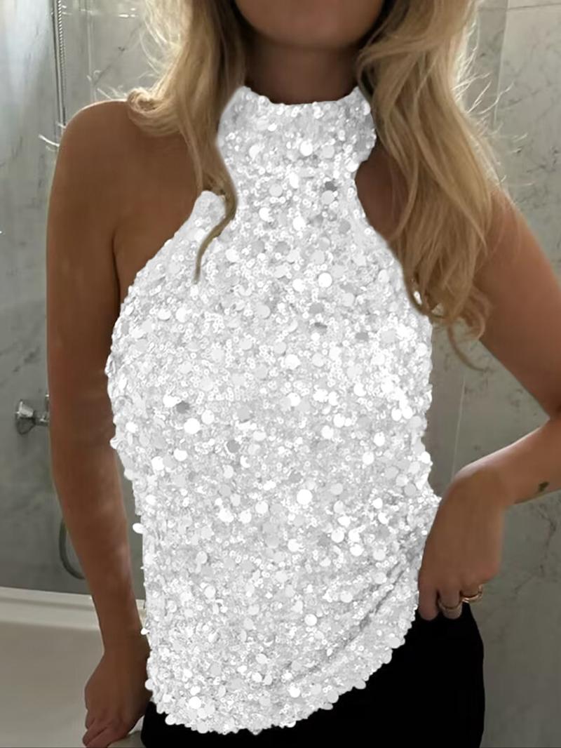 Y2K Women's Sequin Design Halter Top, Elegant Slim-Fitting Backless Vest, Plain Pattern, Perfect for Casual Wear