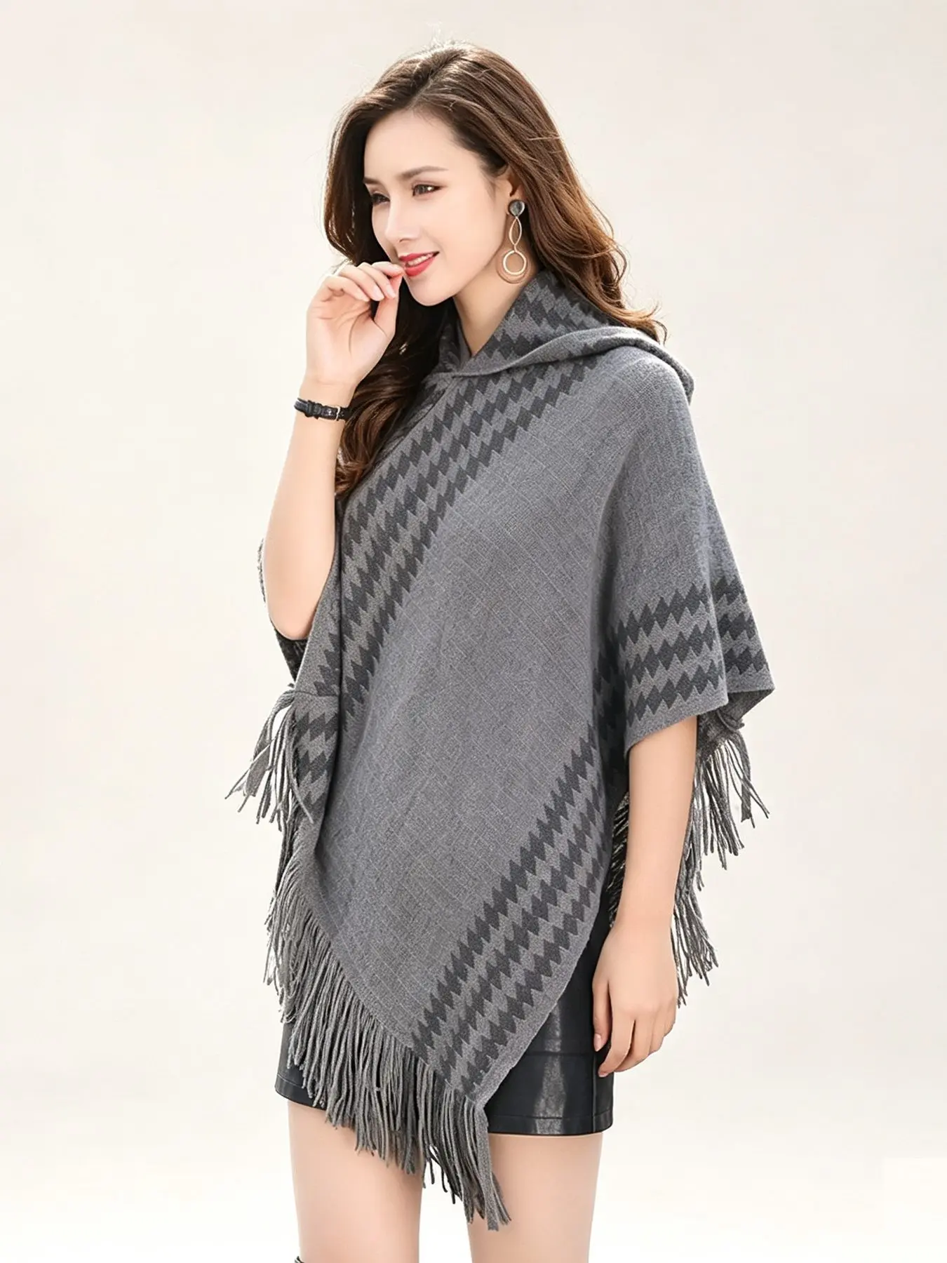 Women's Loose Soft Knit Hooded Cape Scarf, Fringe Dual Color Argyle Pattern, Casual Fall Winter Wear, Home Office Travel