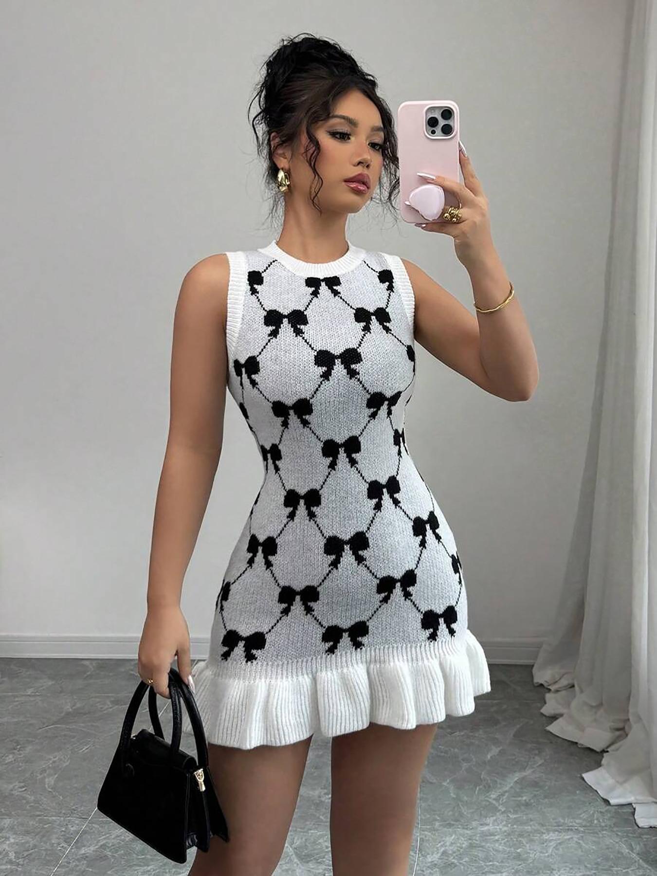 Women's Bow Print Ruffle Hem Sweater Dress, Sleeveless Round Neck Knit Casual Chic Fitted Elegant Dress for Summer, Fashion Women's Dress for Daily Wear, Casual Summer Chic Womenswear