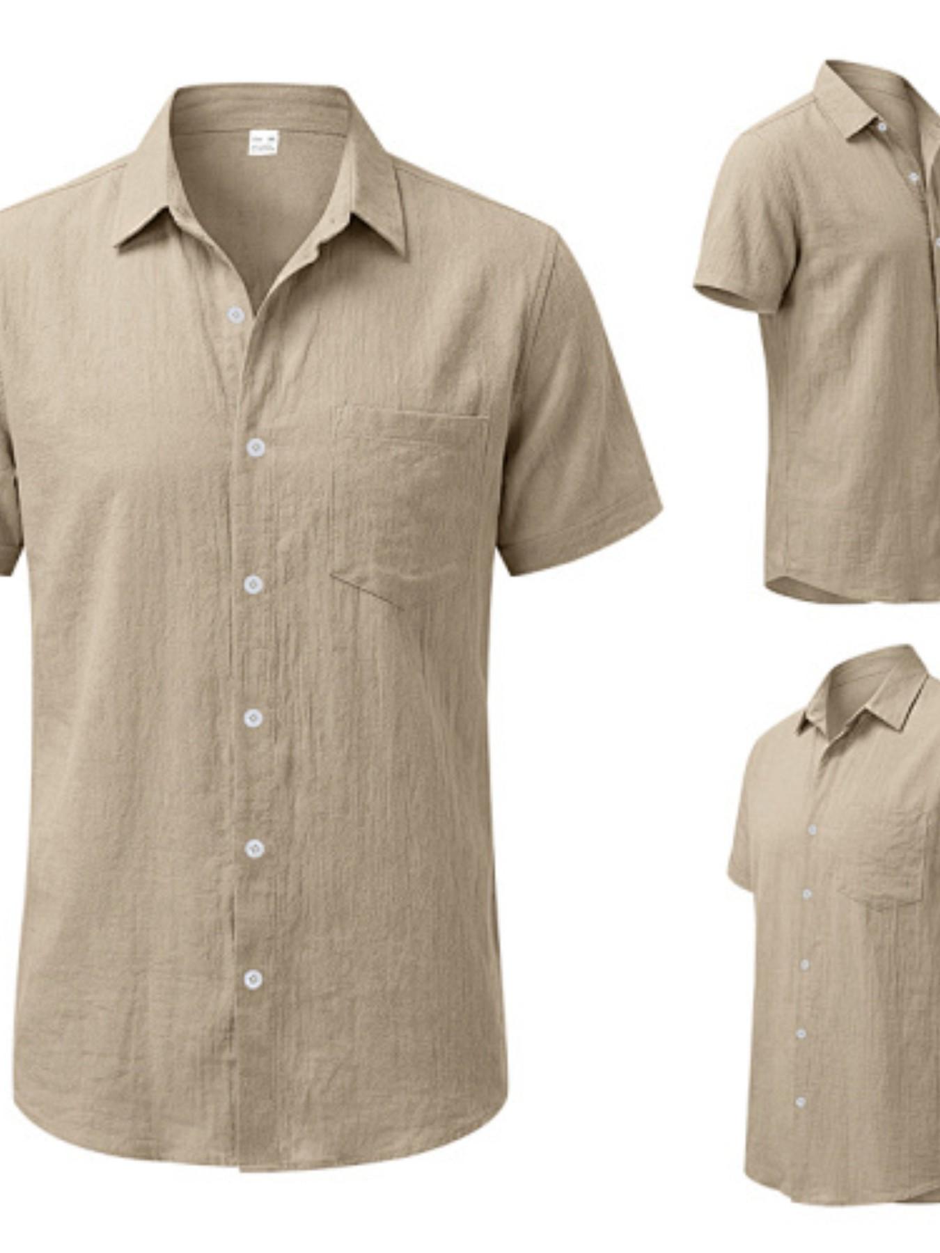 Men's Hawaiian-style linen loose-fit semi-high-neck short-sleeved top, designed for casual daily wear with comfortable and breathable fabric