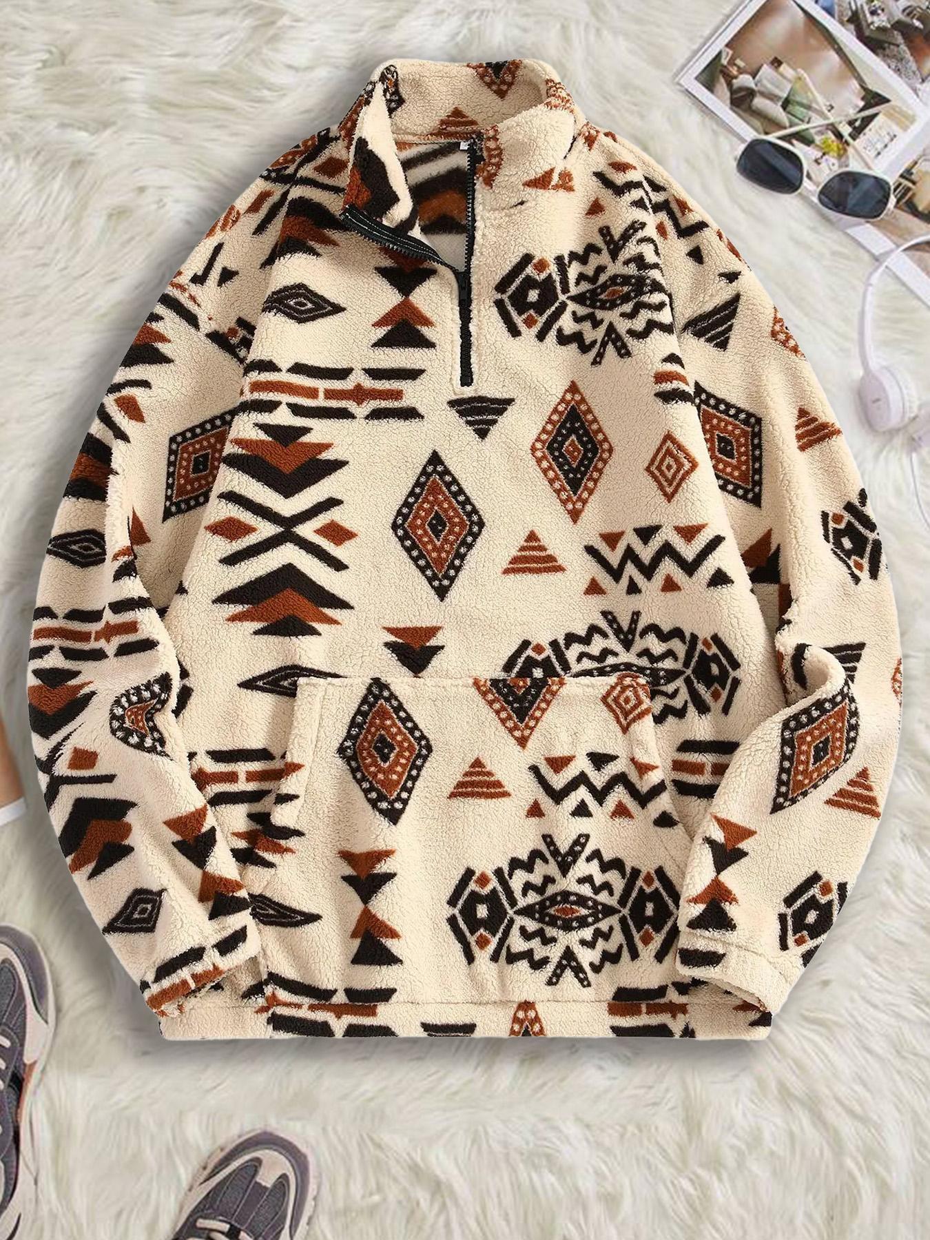 Bohemian Fleece Pullover Jacket, Half-Zip Design, Kangaroo Pocket, Aztec Geometric Pattern, Soft Comfortable Fabric, Fall & Winter Fashion