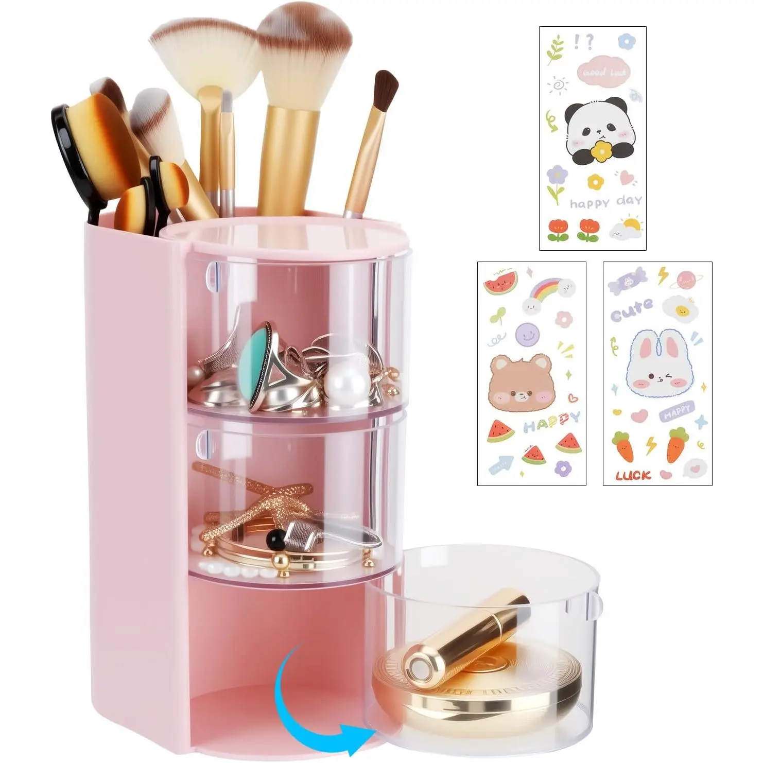 3-Tier Clear Hair Accessories Organizer with Makeup Brush Holder & Stickers | Rotatable  Storage Box for Bows & Clips, Desktop Organizer Case for Bathroom  Countertop,