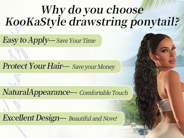 [ Kookastyle ] Ponytail Extension 30 Inch Drawstring Pony Tails Hair Extensions for Women Long Curly Brunette Brown Ponytail Synthetic Hairpieces for Daily Use