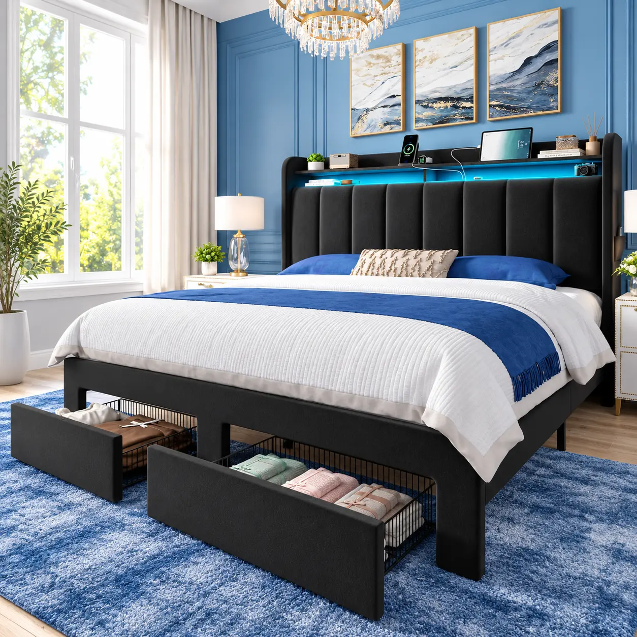 Modern Vertical Tufted Bed Frame with 2-Tier LED Storage Headboard, USB-C Charging Station, 2 Under Bed Storage Drawers, Noise Free