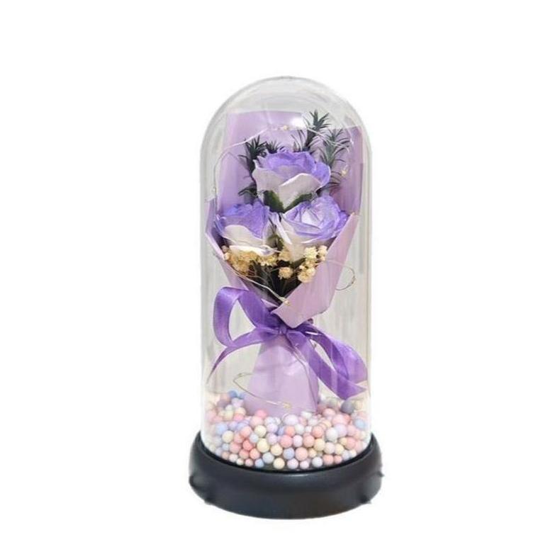 Lighted Acrylic Dome Eternal Flower Bouquet, Preserved Soap Rose Carnation Tulip Arrangement, Warm Night Light Gift for Mom, Mother’s Day Valentine’s Day Present