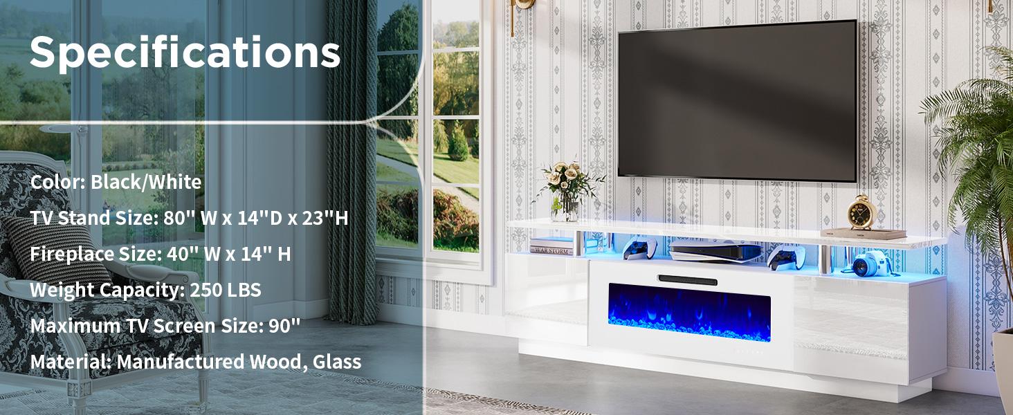 VanAcc Modern Fireplace TV Stand with  Electric Fireplace, High Gloss Finish Media Console with Open Storage for DVD Players, Entertainment Center with LED Lights and Remote Control