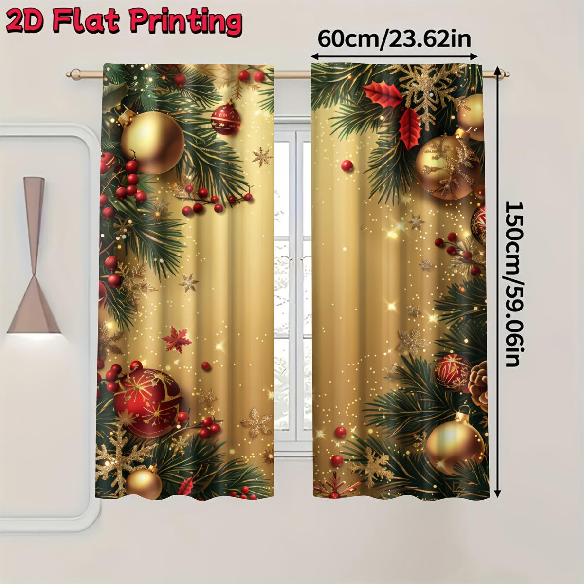 2-Pack, 2D flat print yellow Christmas pattern curtains, pole-mounted installation, digital printing, polyester material, suitable for home decoration, Window Curtain, Window decorations supplies