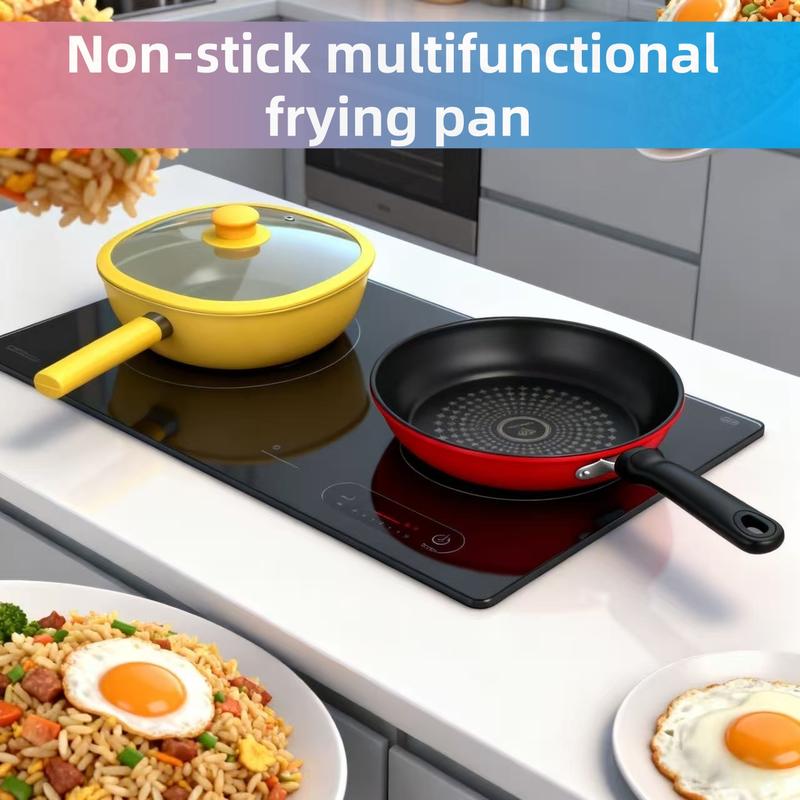 2-Piece Set (28cm Square Pan + 24cm Frying Pan) Ceramic Non-Stick Square Pan Household Gas Stove Wok Flat Bottom Stir-Fry Pan Induction Cooker Non-Stick Flat Bottom Stir-Fry Pan Kitchen Cookware Frying Pan Induction Cooker Gas Stove Universal Wok