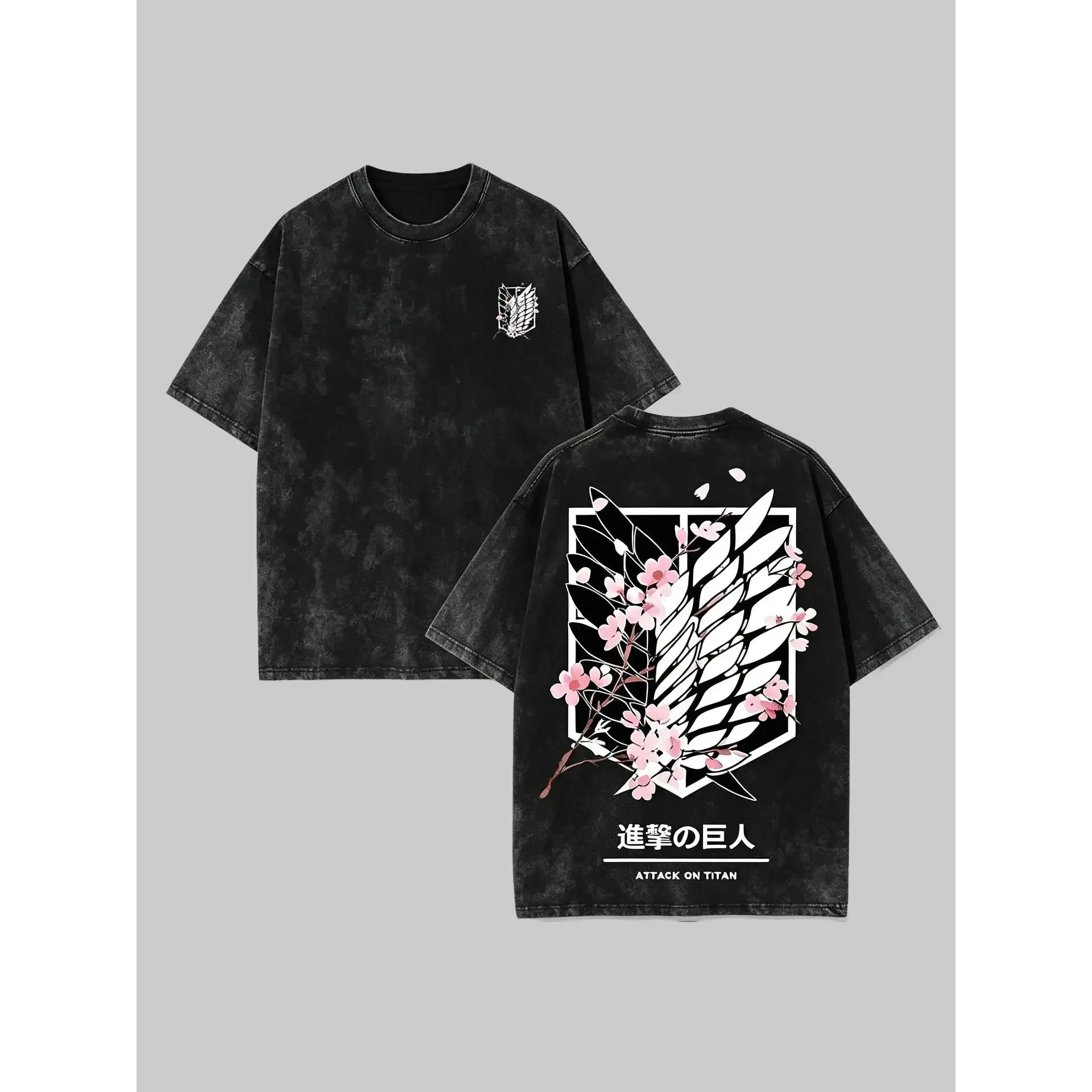 Attack on Titan Vintage Washed Graphic T Shirt Survey Corps Wings of Freedom Anime Oversized Heavyweight Cotton Tee Y2K Streetwear Boxy Fit Drop Shoulder Acid Wash Unisex Retro Summer Top