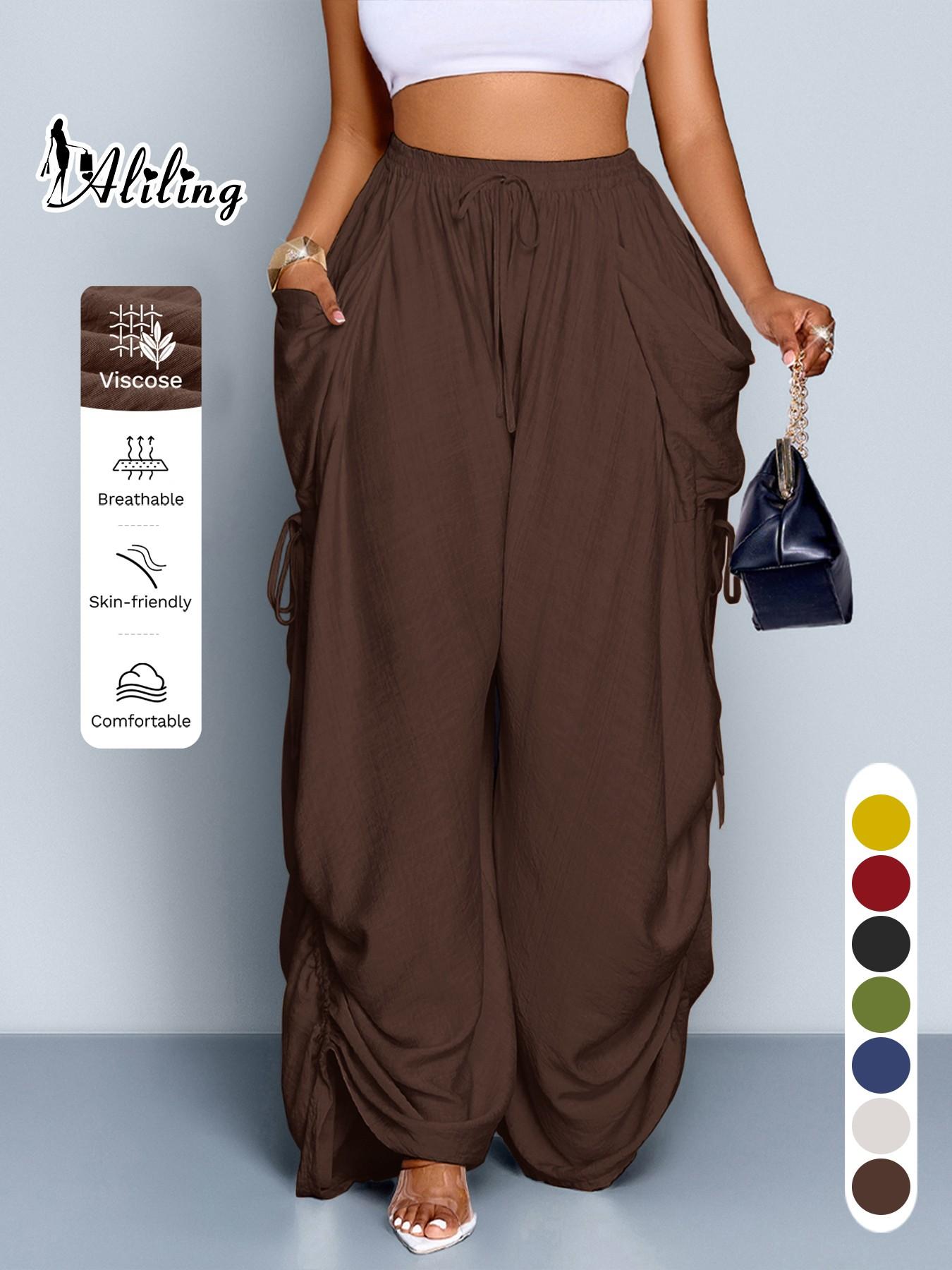 Aliling Women's Summer Casual Basic Solid Color High-Waisted Wide-Leg Bottom Pants, Adjustable Drawstring Side Regular Fit Pants for All Seasons