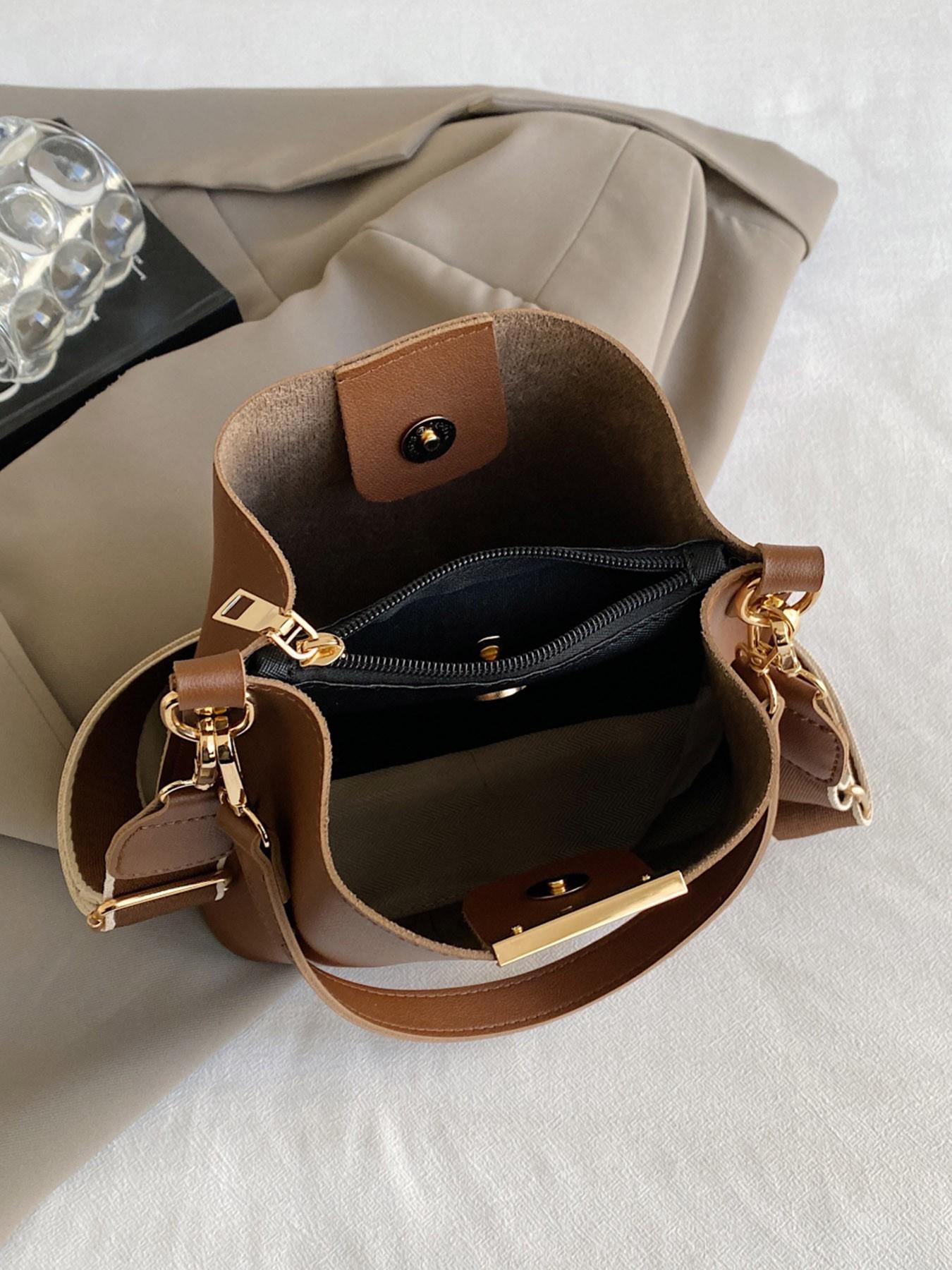 Women's Elegant PU Bucket Bag, Fashionable Vintage Classic Texture Shoulder Bag with Wide Strap, Casual Versatile Crossbody Bag for Work, Commuting and Daily Use