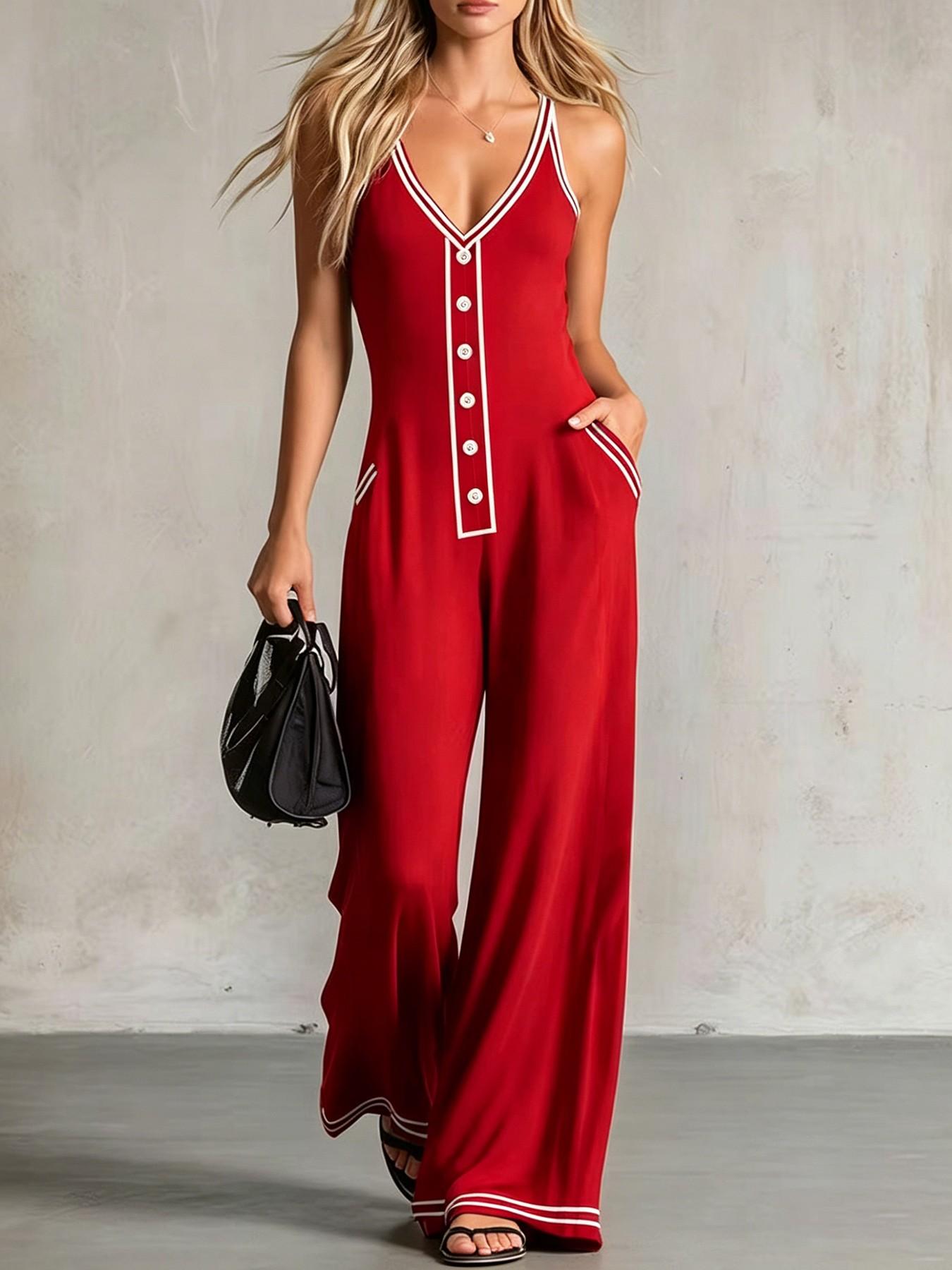 Plus Size Women's Strappy Sleeveless One-Piece Pants, Deep V Neck, Wide Leg, Pocket Design, Casual Summer Jumpsuits, Casual Office Wear, Casual Jumpsuit Overalls, Casual Comfy Jumpsuit, Comfortable and Slimming