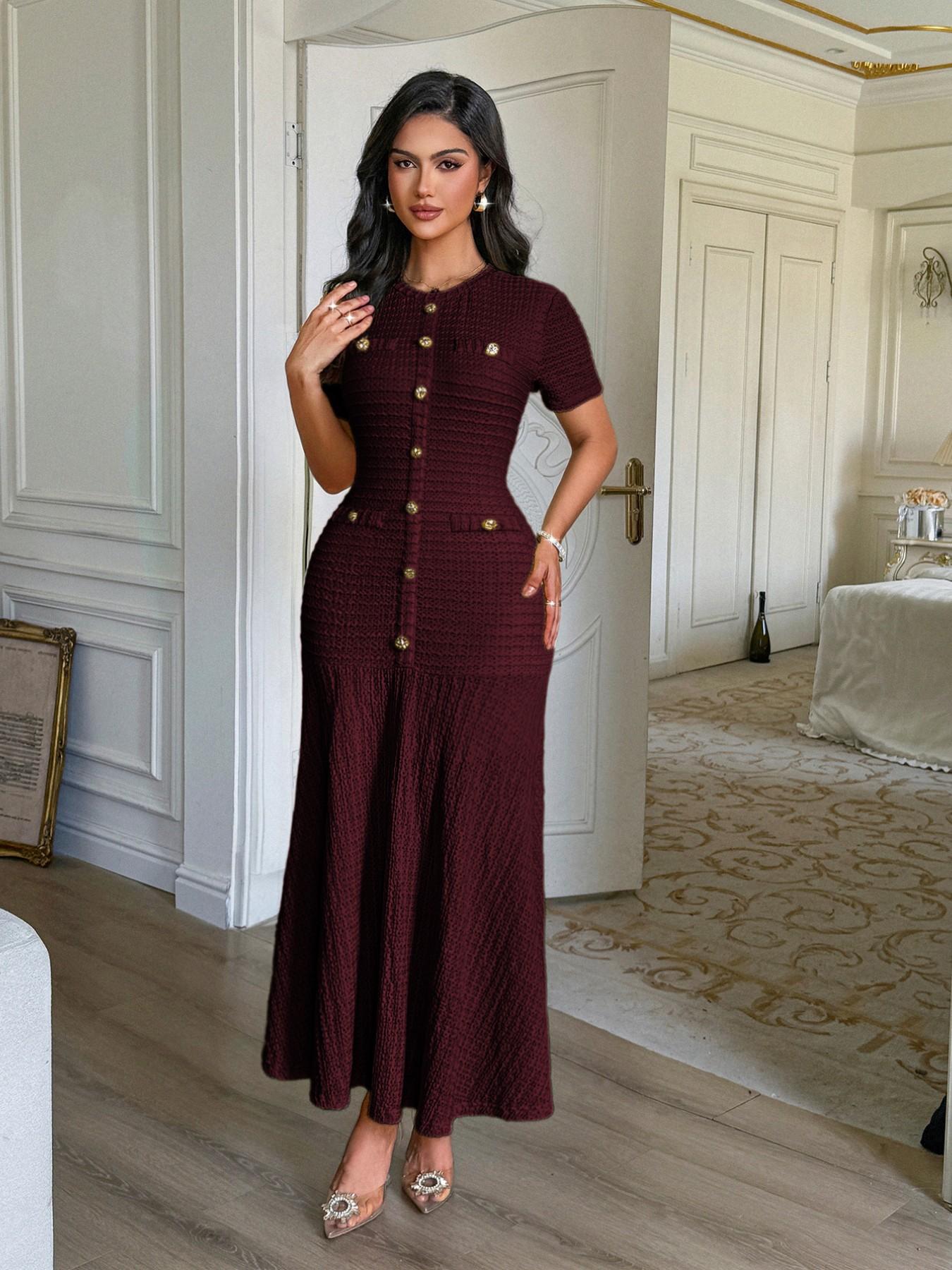 Pure Color Casual Button Decor Long Dress, Fitted Short Sleeve Plain Design, Women's Fashionable Long Gown for Everyday Wear