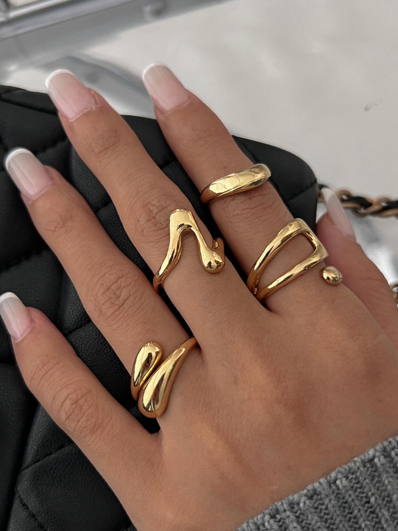 Women's Hip-Hop Style Geometric Joint Ring Set, Solid Zinc Alloy, Sexy Design, Four-Piece Jewelry Kit, All-Season Accessory