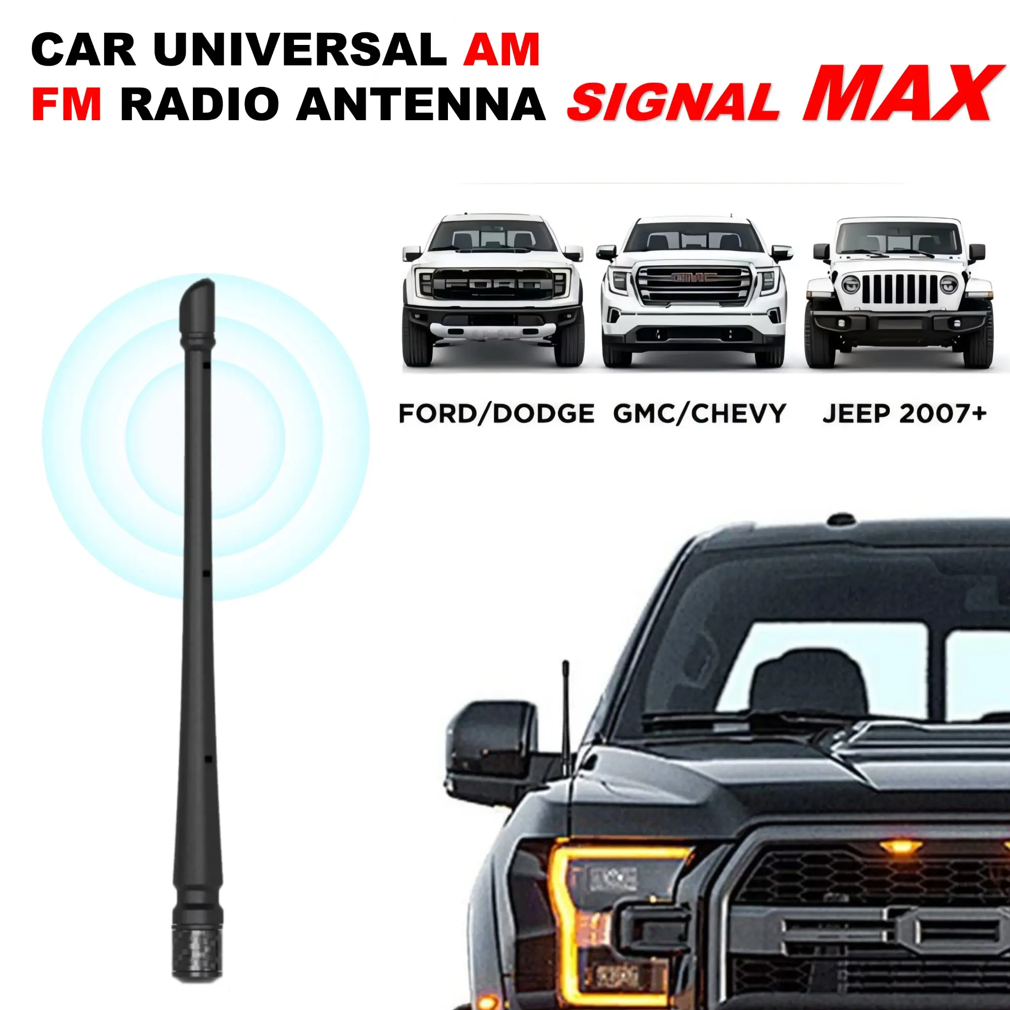 Universal Car Radio Antenna, Optimized Fm/am Reception, Enhanced Signal, Compatible with Ford, Jeep, Chevrolet, No Drilling, Easy Installation