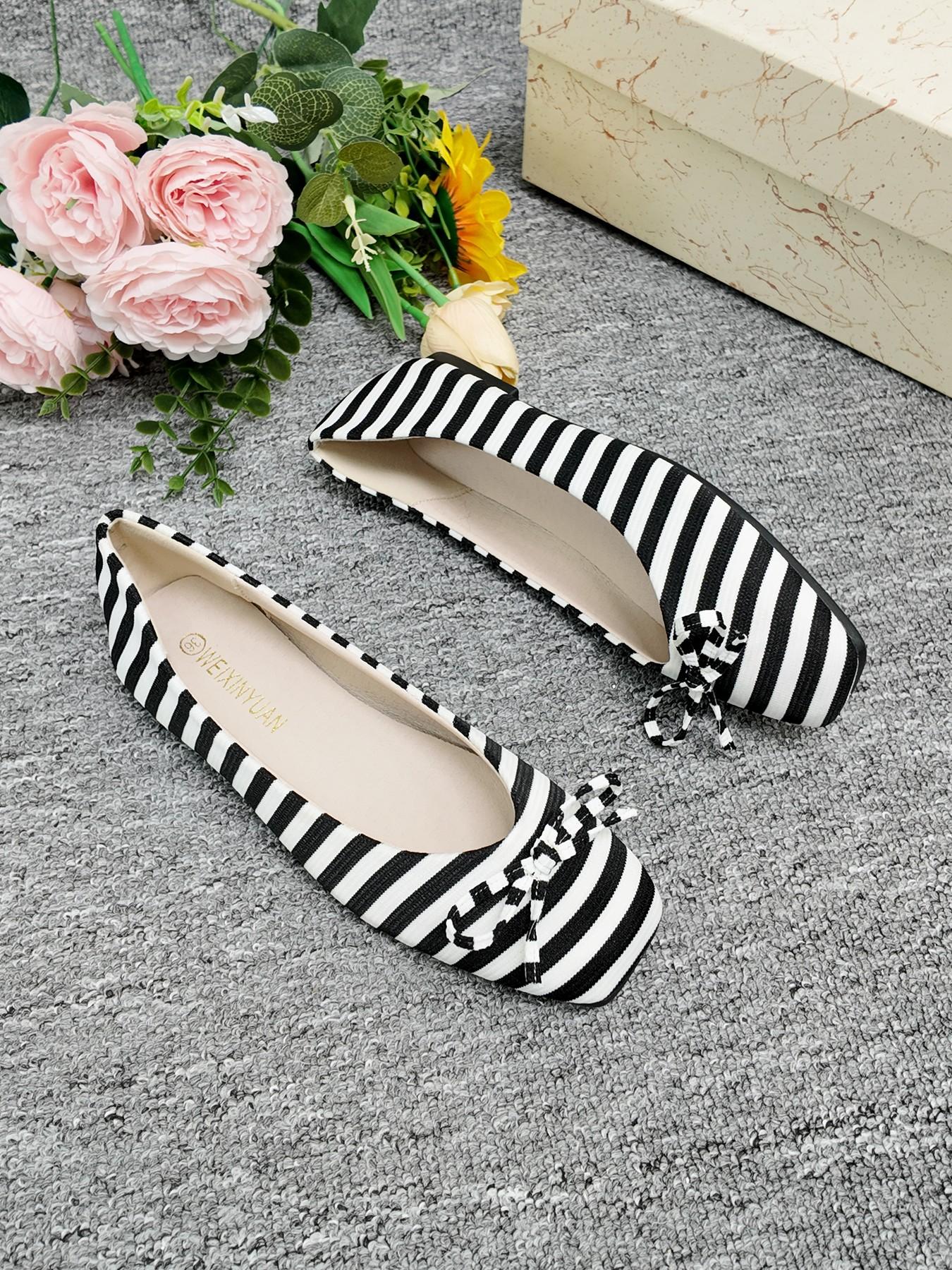 2026 New Striped Square Toe Flat Shoes, French Soft Sole Low Top Bow Single Shoe, Commuter Versatile Slimming Women's Shoes