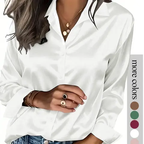 Women's solid color satin button-down long-sleeved Basic casual Fitted shirt Business Casual Top Blouses Womenswear Fall Shirt Blouse, made of smooth fabric, suitable for casual office wear and commuting, and appropriate for both spring and autumn