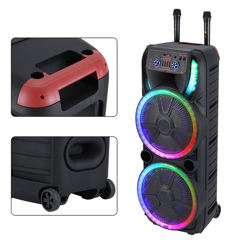 Dual 15 inch Karaoke Speaker System W/ 2 Microphone Portable Party Box Loud Big Speaker Wireless Bluetooth Stereo Rechargeable Remote Control LED Lighting Dual 15 inch Karaoke Speaker System W/ 2 Microphone Portable Party Box Loud Big Speaker Wireless Bluetooth Stereo Rechargeable Remote Control LED Lighting