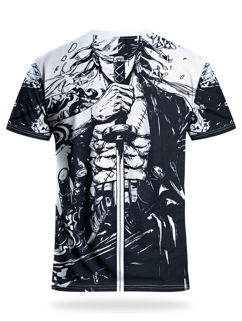 Japanese Anime Men's Football Jersey & Samurai Pattern Round Neck Comfortable Sports Top, Fitness Top, Sweat-Wicking Knit Fabric, Casual Wear