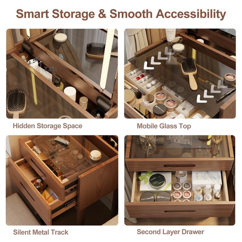 【HOT】Small Space Vanity Desk, 100% Solid Wood Makeup Table, Flip-Top Mirror with Lights, Space-Saving Makeup Table with Drawers, Adjustable Brightness, Elegant & Functional Vanity, Narrow Space Available