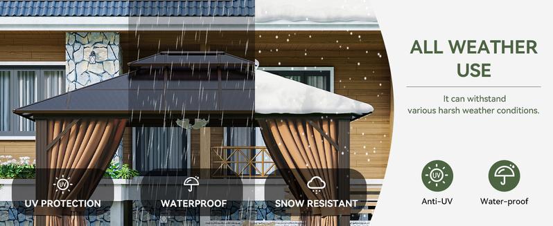 【2 Packages Shipping】Aoxun 10'x12' Hardtop Gazebo, Aluminum Frame Permanent Pavilion with Curtains and Netting, Outdoor Polycarbonate Gazebo, Double Roof Canopy, for Gardens, Patios, Lawns