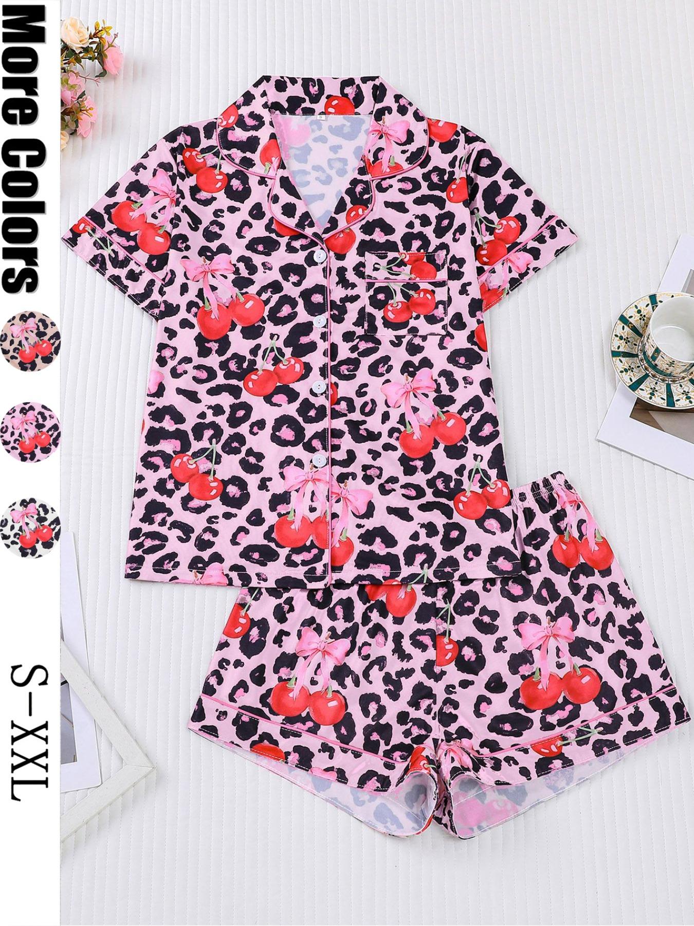 【Pink cherry】Women's Leopard Print Cherry Bow Sleepwear Set, Short Sleeve Button Front Top & Elastic Shorts, Casual Home Wear, Party