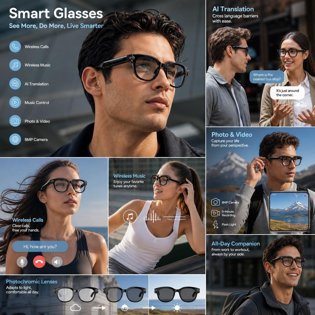 SENBONO Multifunctional Smart Glasses with Ai Assistant, HD Recording, Bluetooth-compatible Music Calling, Dual Mic Noise Reduction, LED Flashlight, 8mp Camera