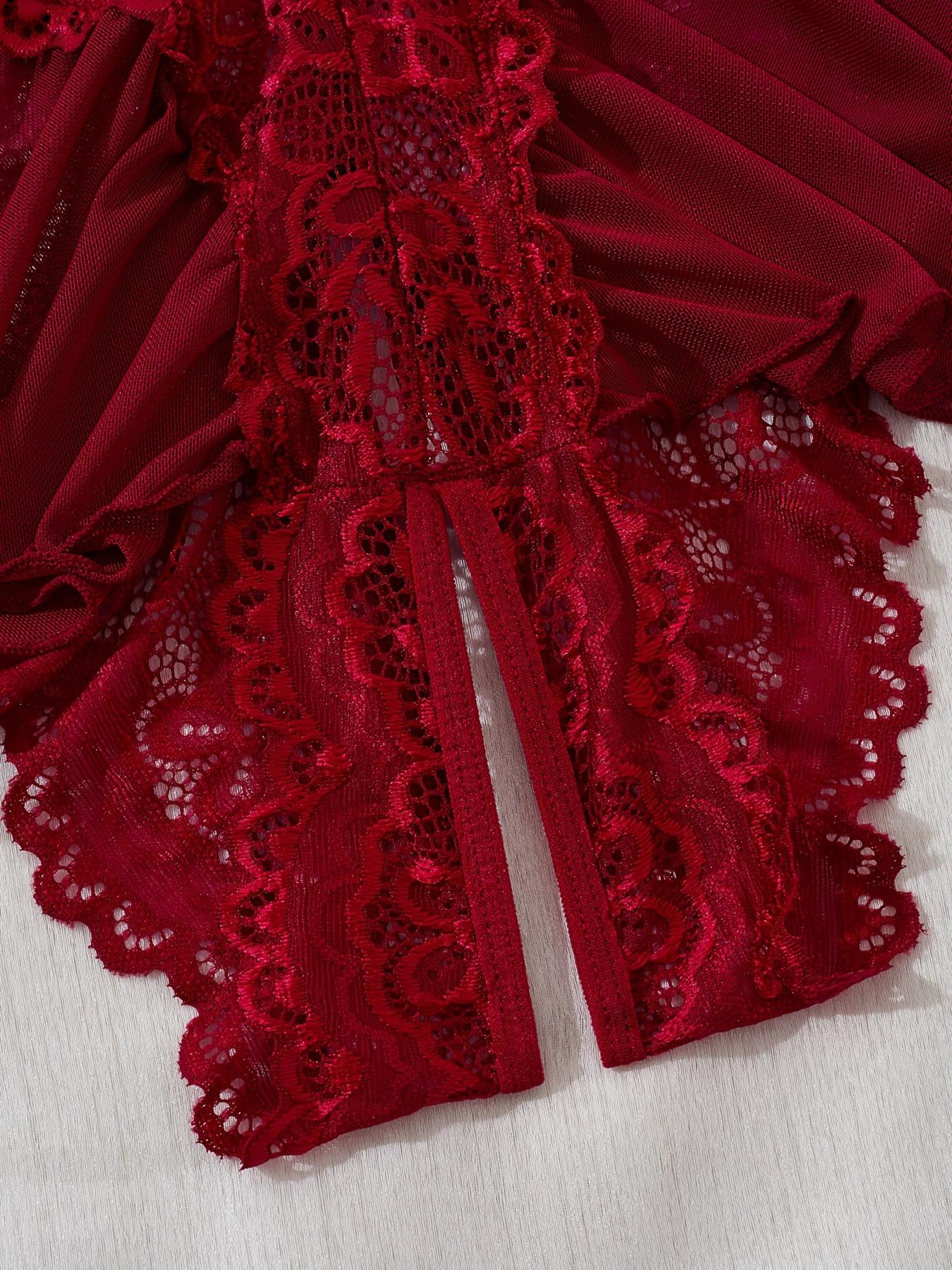 [Plus Size] Sheer Halter Neck Floral Lace Bodysuit, Sexy Backless Tie Back Deep V Neck Open Crotch Design Bodysuit, Women's Sleepwear & Loungewear Lingerie for All Seasons