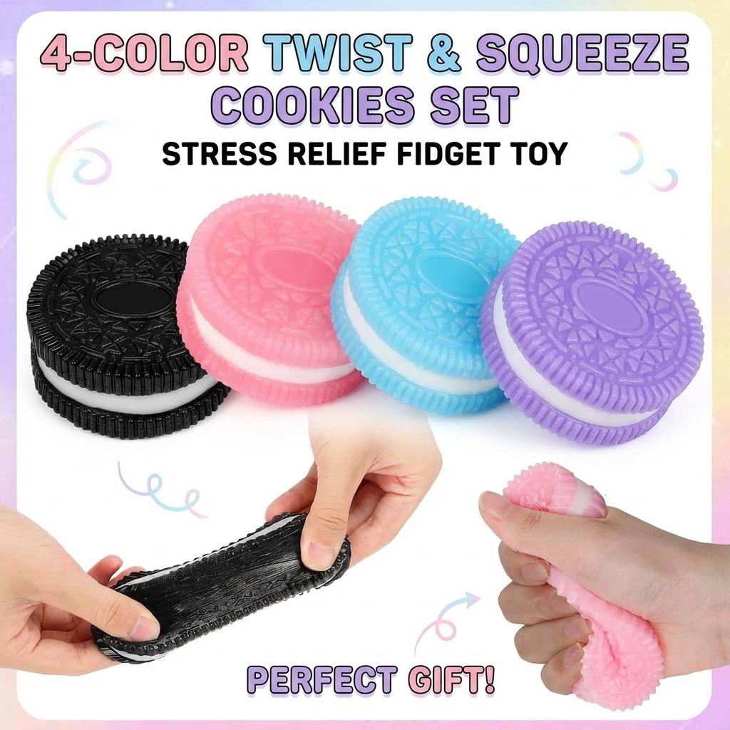 4-Color Oreo Squishy Fidget Toy – Ultra Soft Stretchy Stress Relief Squeeze, Fun Anxiety Decompression Toy for Kids & Adults (6.5cm)