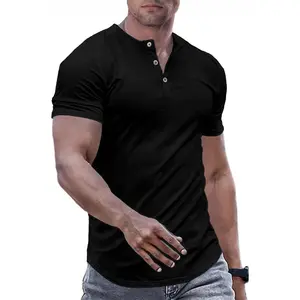 Men's Muscle Slim Henley Shirts Crewneck Longline T-Shirt Gym Workout Athletic Shirt Tees with ButtonGift.