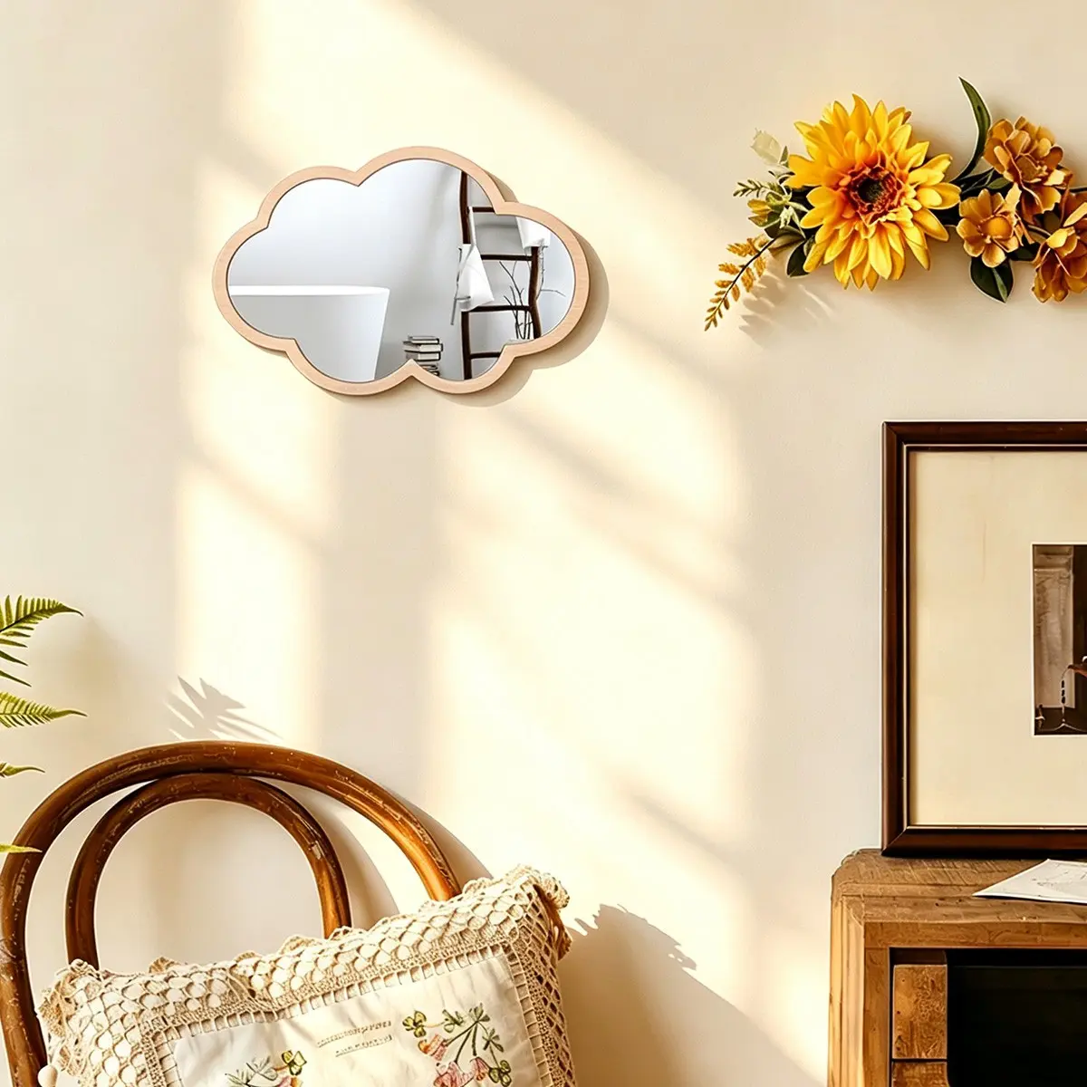 1pc Cloud Shape Wooden ＆ Acrylic Double Layer Mirror Wall Sticker, Decorative Mirror, Entryway Makeup Mirror, Vanity Mirror, Removable Wall Art Decals for Home Living Room Bathroom Office Dormitory Decor, DIY Crafts, Dorm Mirror Wall Stickers, Home Decor