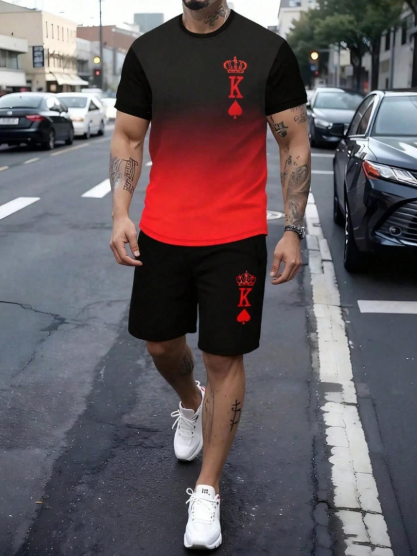 Men's 2-Piece Casual Set, Round Neck Short Sleeve T-Shirt and Shorts, Fitted Above Knee, All over Print, Sporty Style