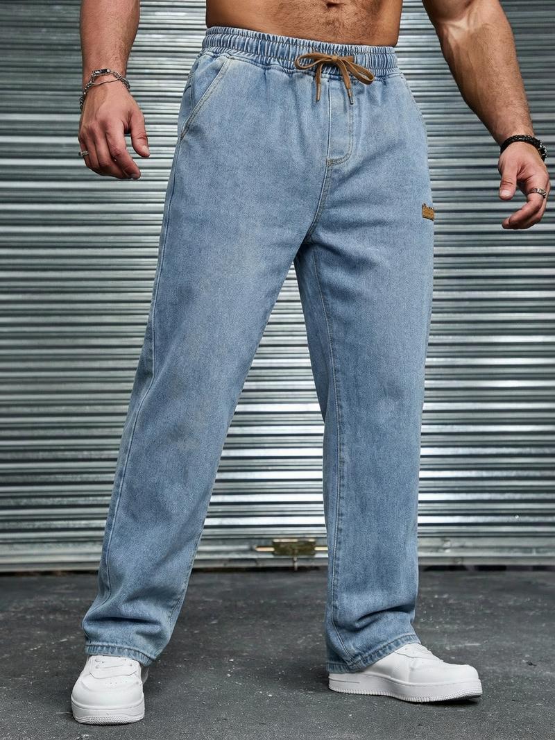 Men's drawstring elastic waist straight-leg jeans, non-stretchy denim long pants, comfortable straight-leg fit, suitable for daily casual wear, a must-have trendy men's long pants 🔥