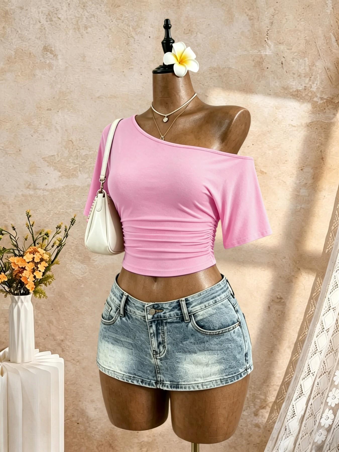 3-Pack Asymmetrical Shoulder Pleated Mid- Sleeve Short T-Shirts, Streetwear Date Wear, Show Waist Slimming Top, Trendy Ladies' Clothing, Casual Chic, Casual Daily Tops