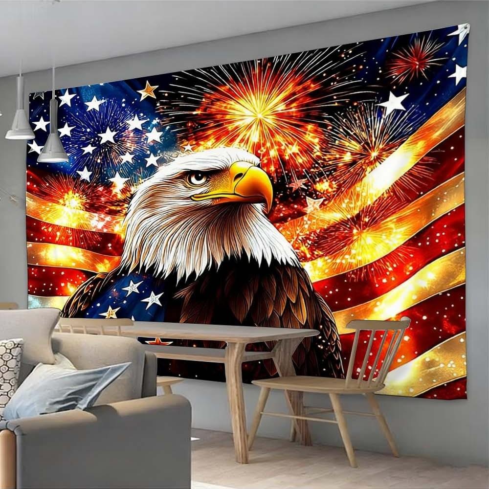 1PC Independence Day themed tapestry featuring majestic eagle and vibrant fireworks creates festive atmosphere perfect for enhancing wall decor in bedrooms or living rooms during gatherings and celebrations stunning design complements home style rich colo