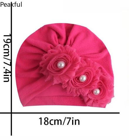 Kids Floral Pearl Decor Turban Hat, Popular Soft Cotton Baby Headwear, Elegant Toddler Headwrap, comfortable elastic design & charming flower details, great for casual outings, birthday parties and newborn photography