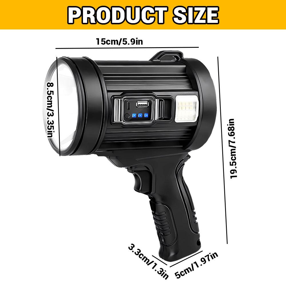 Rechargeable Searchlight Bright LED Spotlight Flashlight with 6 Modes Solar Panel Waterproof for Hunting Camping Boat 3000mAh Battery IPX5 Waterproof