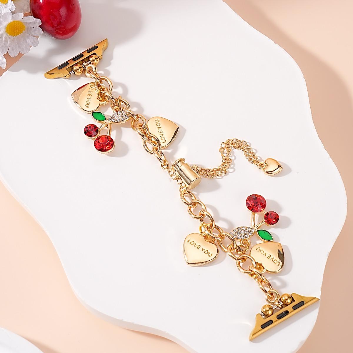 Women's Metal Chain Apple Watch Band, Heart Cherry Charm Bracelet Strap for Iwatch 38-49mm, Perfect Gift for Birthday & Valentine's Day