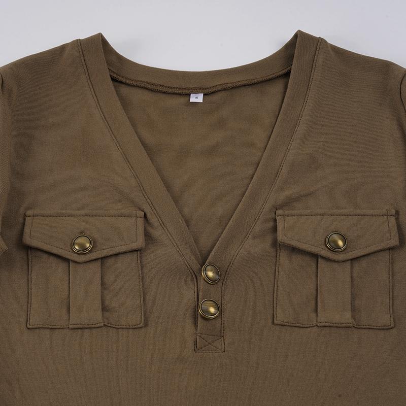 Women's Sexy V-Neck Low Back Pocket T-Shirt, Retro Minimalist Casual Short Sleeve Summer Top, Daily Wear Upper Garment