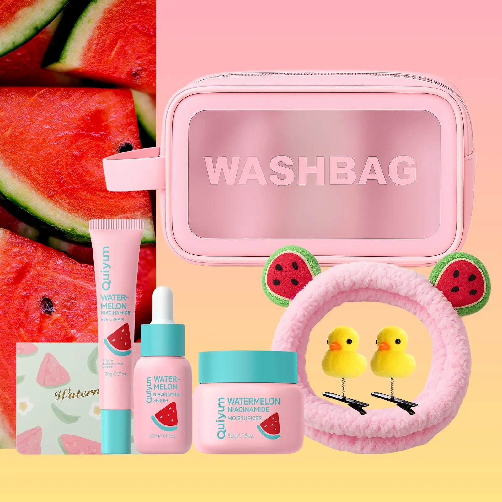 Quiyum Watermelon Skincare Set, 7pcs With Serum,Eye Cream,Face Cream,Bandeau,Hairpin,Card,Makeup Bag, Spa Summer Gift Set, Moisturizing Skin Care Kit for Women & Girl, Best Gift Ideas