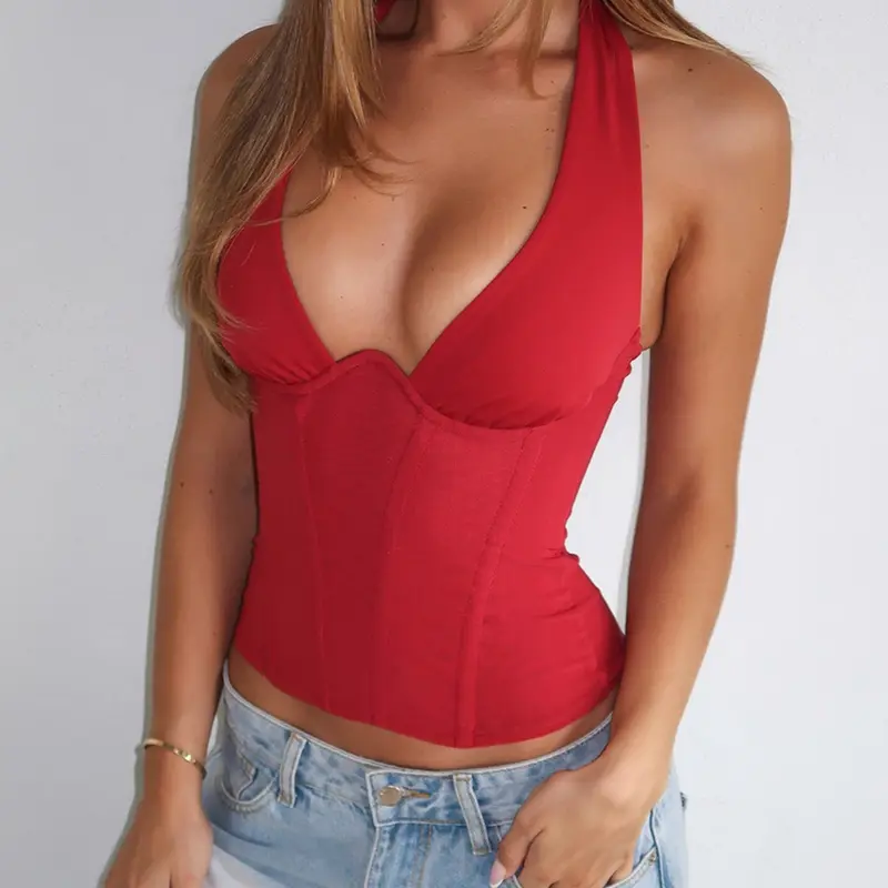Women's Sexy Aesthetic Halter Neck Crop Top, Ladies Deep V Neck Backless Corset Structure Top, Crop Tank Tops