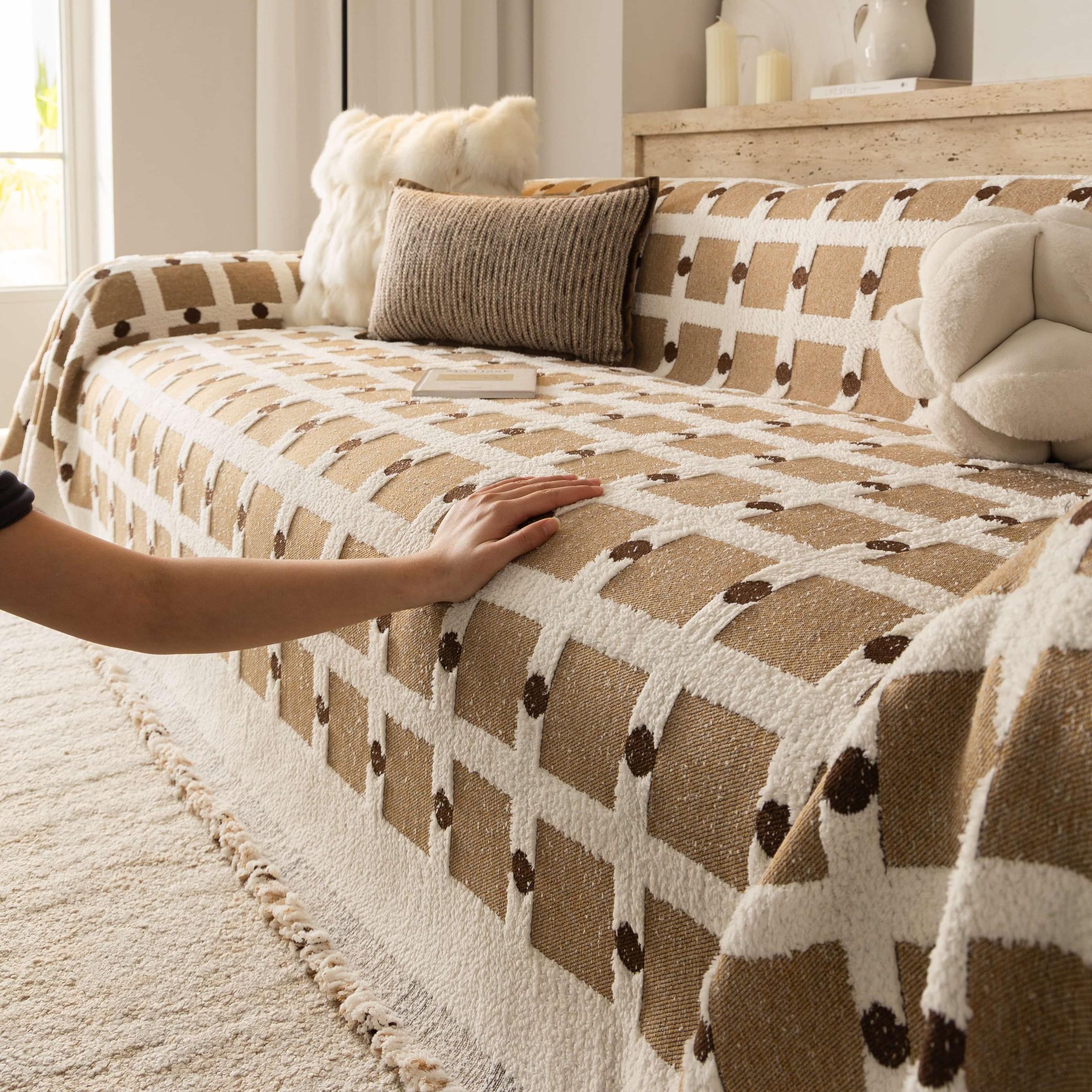 Thick Half-Fleece Sofa Cover, Vintage Checkered Sofa Towel, All-Season Universal Sofa Set, Anti-Scratch, Anti-Dirt, Anti-Slip, Boho Style