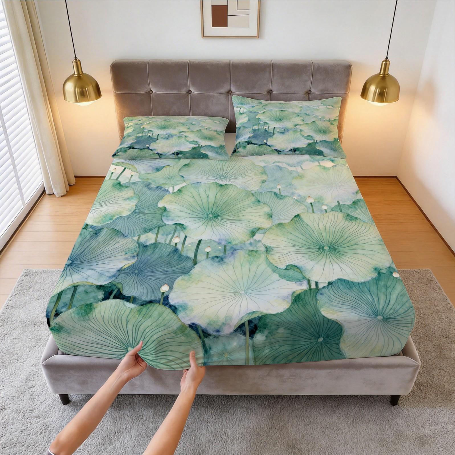 3 Piece Watercolor Lotus Leaf Fitted Sheet Set, Green Lotus HD Digital Print Bedding Set, Soft Breathable Deep Pocket Bed Sheet with Pillowcases for Bedroom & Dorm (Insert Not Included)