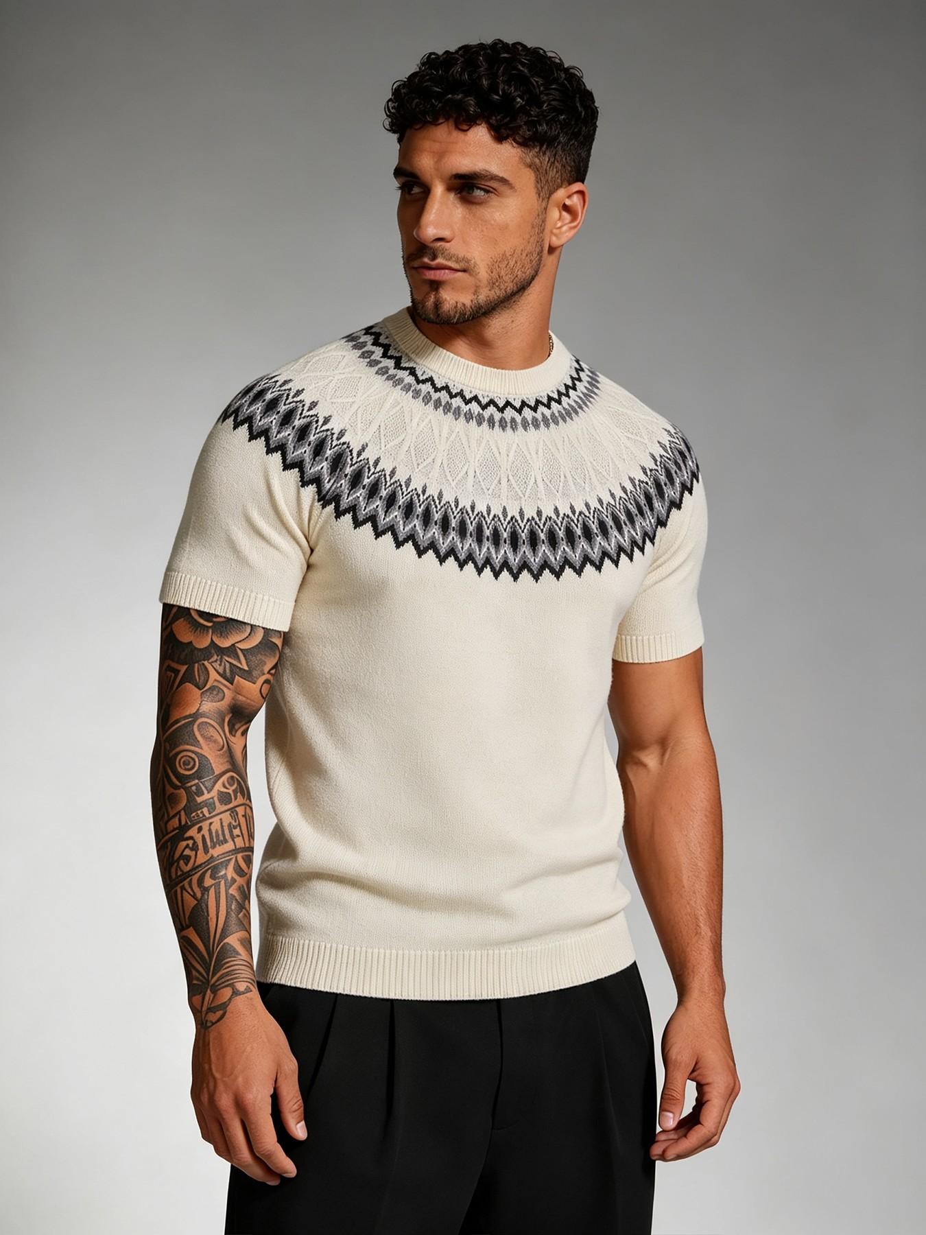 Men's Crew Neck Short Sleeve Knit Sweater, Retro Classic Graphic Knit Pullover, Spring Summer Smart Casual Daily, Comfortable and Stylish