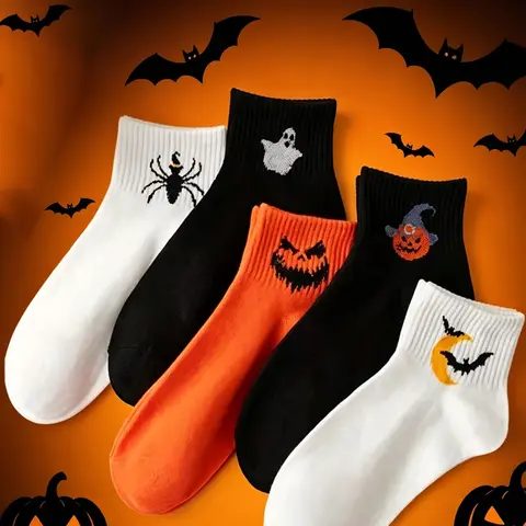 3/5 Pairs Halloween Unisex Ankle Socks Women, Fun Cartoon Patterns, Soft Comfortable, Breathable, Party Wear, Casual Daily Outfits, Festive Accessories
